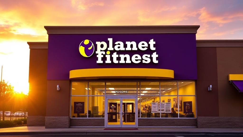 A vibrant image of a Planet Fitness gym exterior at sunrise, highlighting the welcoming entrance and iconic purple and yellow branding.