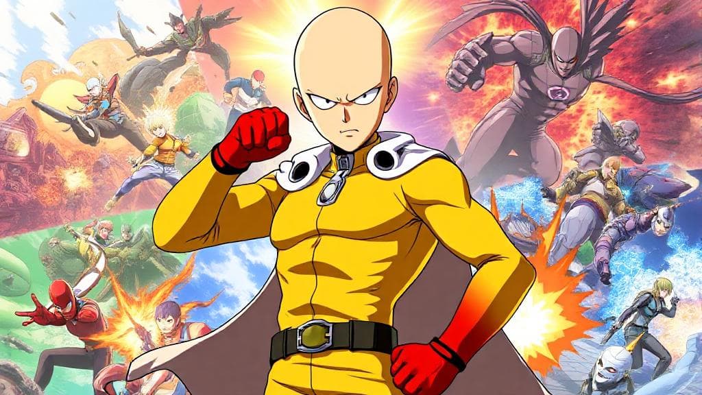 A dynamic header image featuring Saitama, the protagonist of One Punch Man, standing confidently with his iconic yellow suit and red gloves, set against a backdrop of vibrant action scenes from the anime.