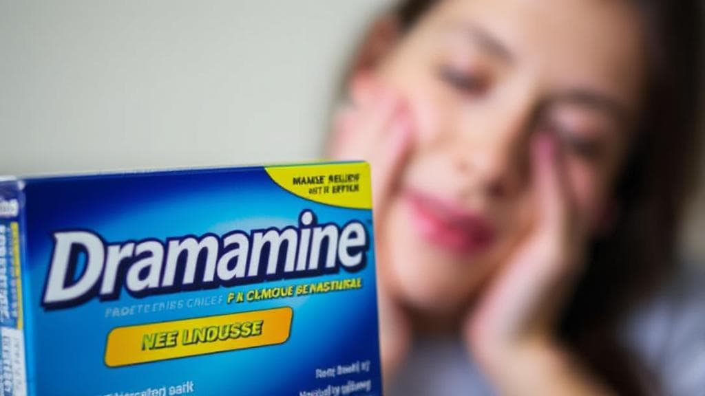 A close-up of a Dramamine box with a blurred background of a person looking relieved, symbolizing nausea relief.