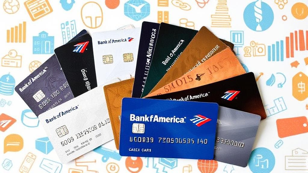 A collage of various Bank of America credit cards fanned out against a backdrop of financial symbols and icons.