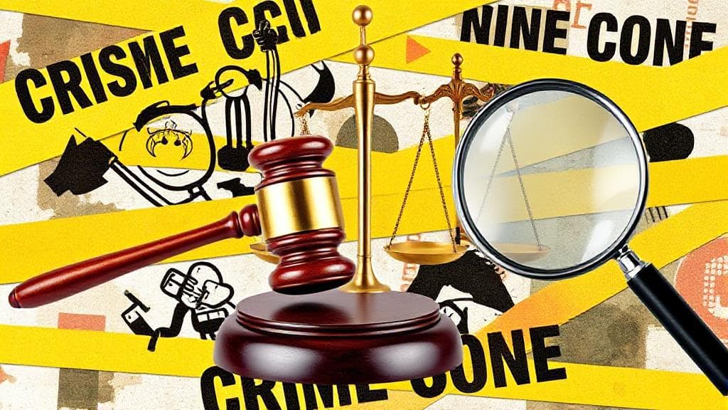 A collage of diverse criminology symbols, including a gavel, scales of justice, and a magnifying glass, set against a backdrop of abstract crime scene tape.