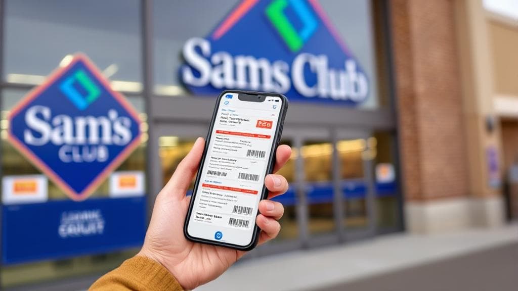 A shopper holding a smartphone displaying digital coupons while standing in front of a Sam's Club entrance.