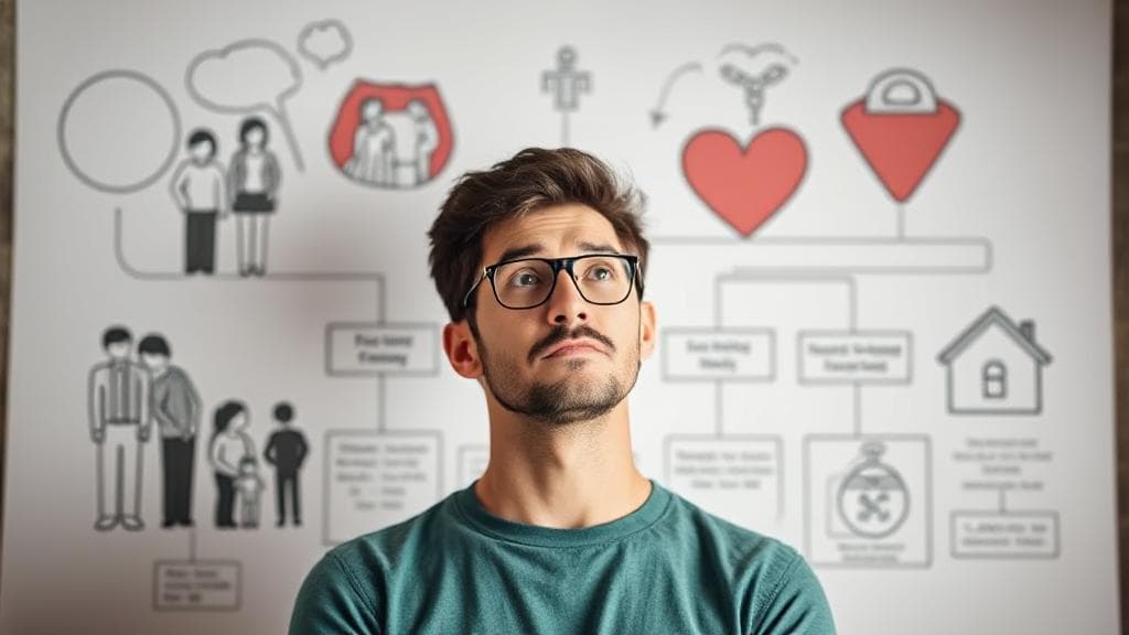A thoughtful individual weighing options, surrounded by symbols of family, health, and financial security, set against a backdrop of a decision-making flowchart.