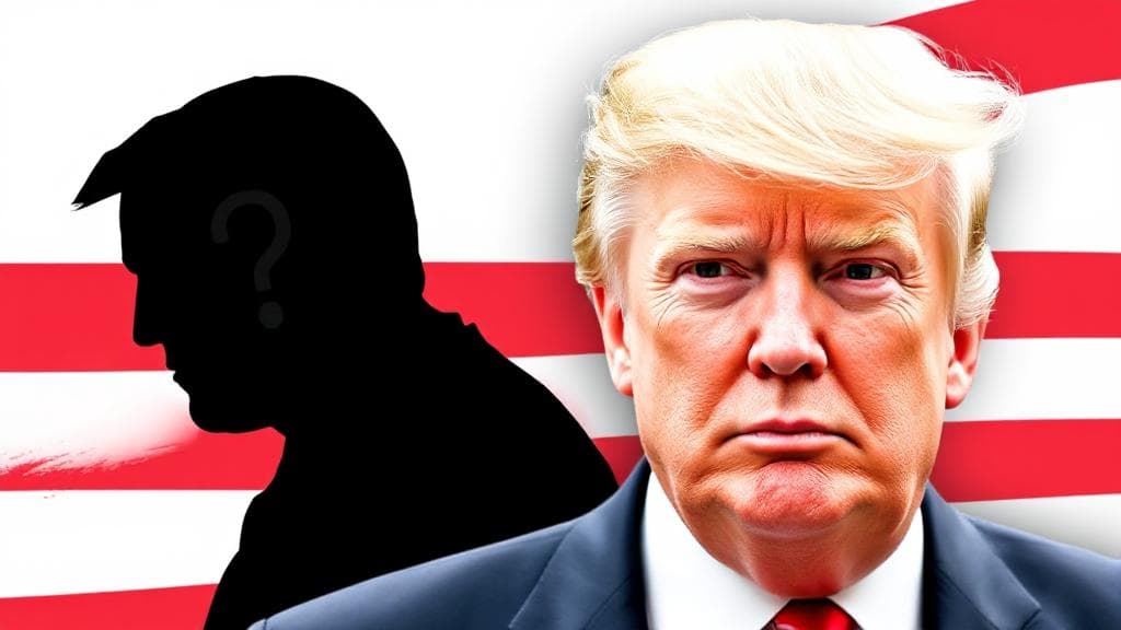 A dynamic image featuring Donald Trump alongside a silhouette with a question mark, symbolizing the mystery of his 2024 Vice Presidential pick.