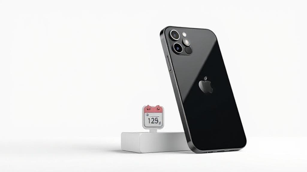 A sleek, high-resolution image of the iPhone 15 showcasing its design, set against a minimalist background with a calendar icon subtly indicating its release date.