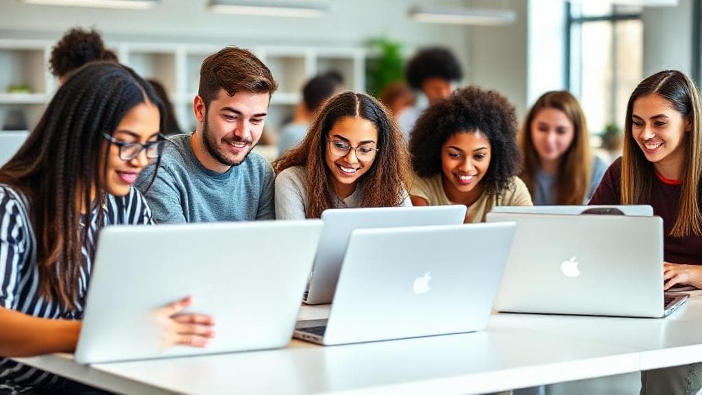 A diverse group of students using sleek, modern laptops in a bright, collaborative study space.