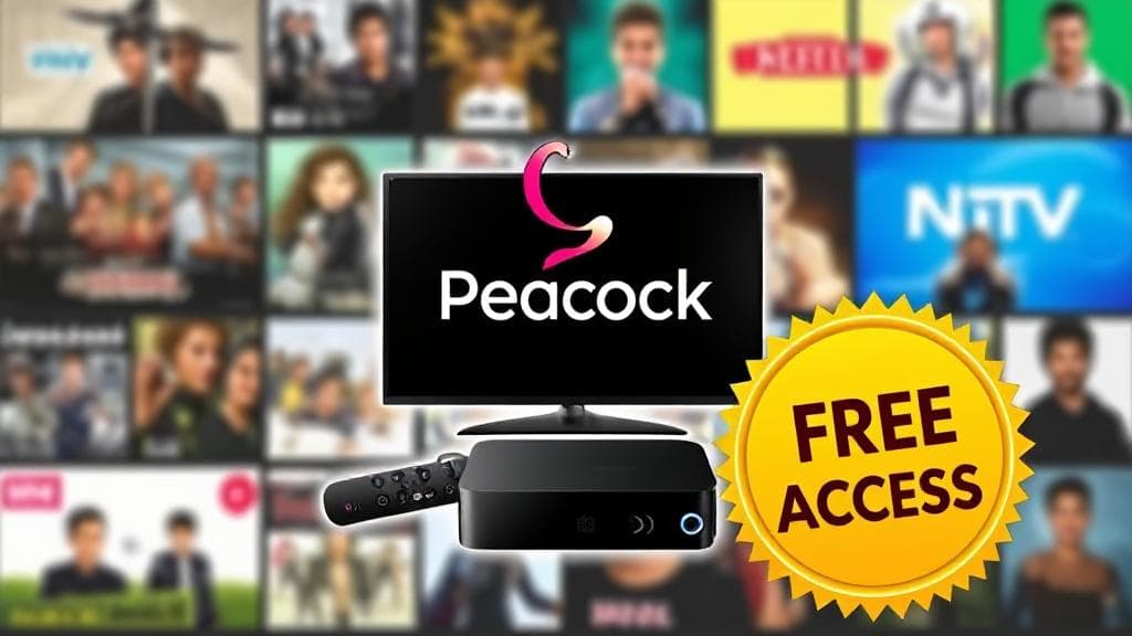 A vibrant collage of Peacock's logo, streaming devices, and a "Free Access" badge, set against a backdrop of popular TV show thumbnails.