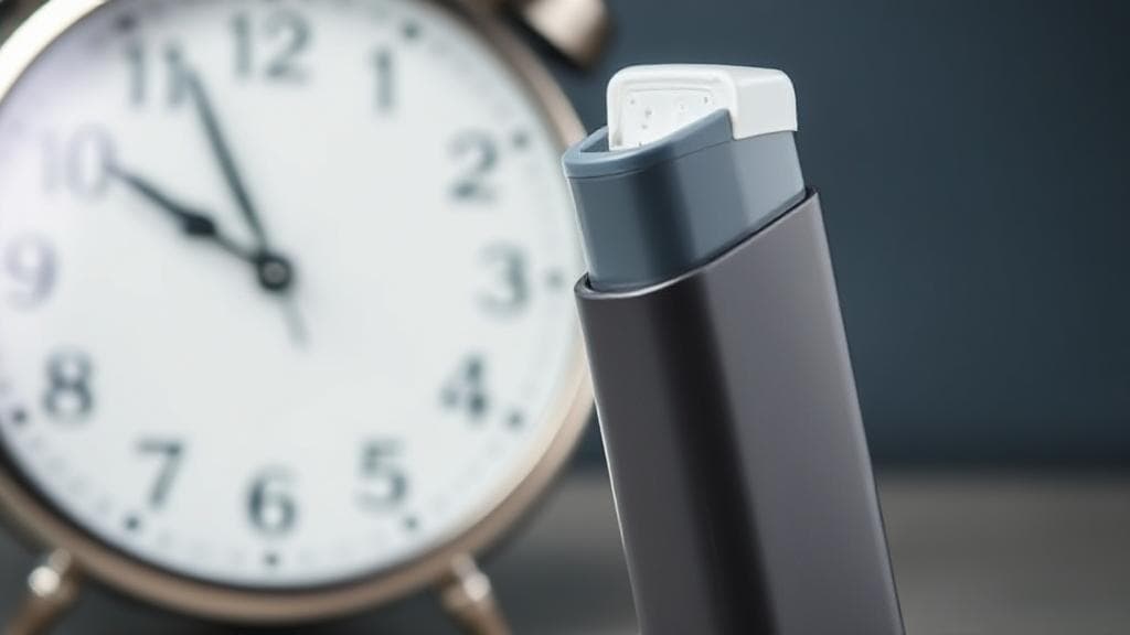 A close-up image of an inhaler with a clock in the background, symbolizing the onset time of Trelegy.