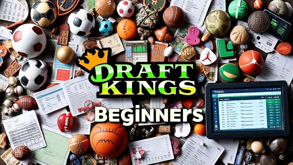A dynamic collage of sports icons, betting slips, and digital interfaces representing the excitement and complexity of DraftKings for beginners.