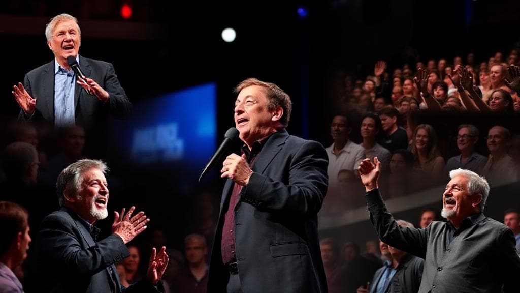 A dynamic collage of Tony Robbins passionately speaking on stage, engaging with a diverse audience, and iconic moments from his career.