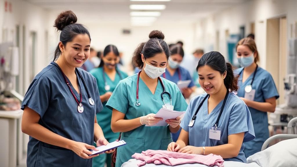 A diverse group of medical assistants in scrubs efficiently managing patient care tasks in a bustling healthcare setting.