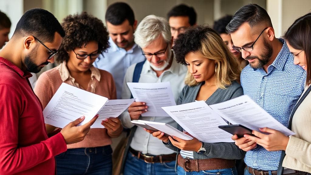 A diverse group of people examining insurance documents and comparing options on digital devices.