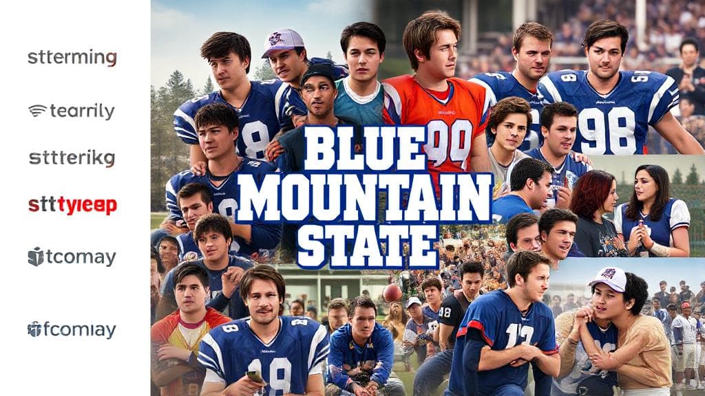 A vibrant collage of scenes from "Blue Mountain State," featuring the main characters in their iconic football gear and comedic moments, set against a backdrop of streaming platform logos.