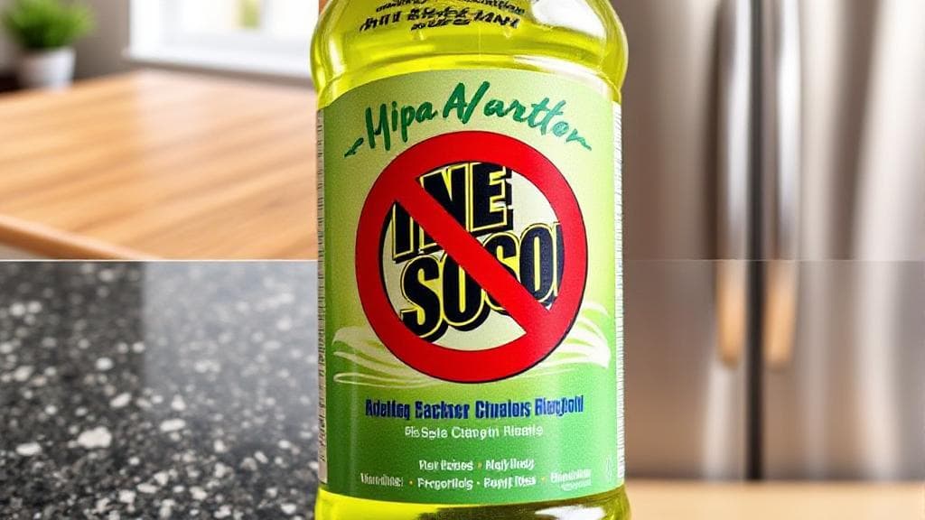 A close-up image of a Pine-Sol bottle with a red "no" symbol over various household surfaces like wood, granite, and stainless steel.