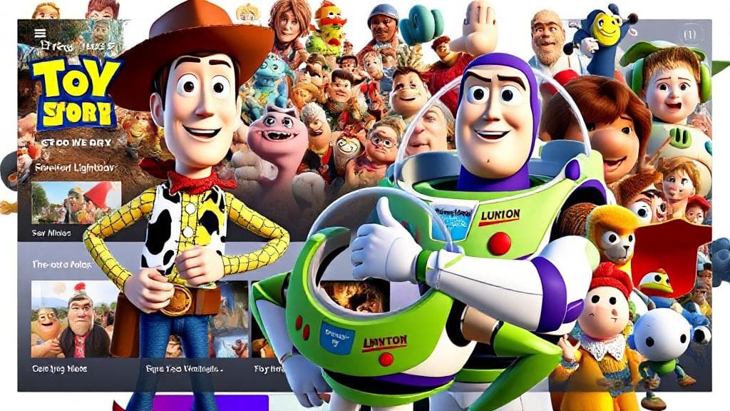 A vibrant collage of iconic Toy Story characters, including Woody and Buzz Lightyear, set against a backdrop of a digital streaming interface.