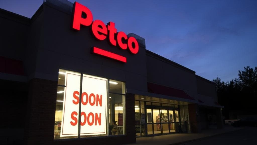 A Petco storefront at dusk with a "Closing Soon" sign prominently displayed in the window.