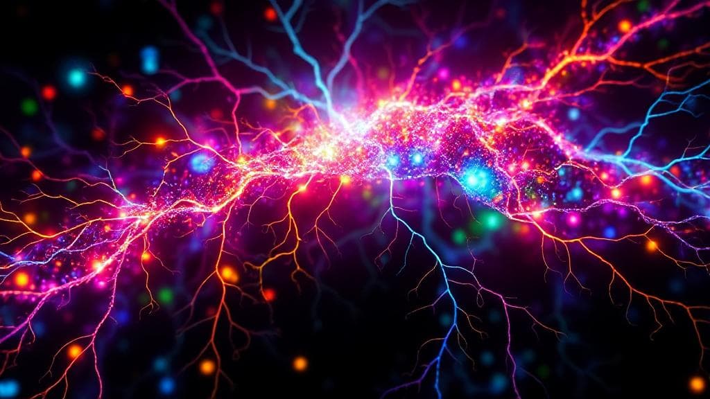 A vibrant, abstract depiction of neural pathways illuminated by colorful light, symbolizing the transformative effects of ketamine on the brain.