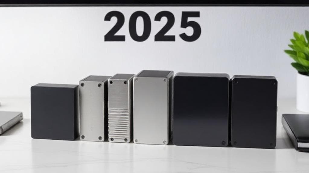 A sleek lineup of modern external hard drives displayed on a minimalist desk, highlighting their design and advanced technology for 2025.