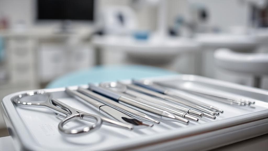 A close-up image of dental surgical tools laid out on a sterile tray, with a blurred background of a dental clinic setting.