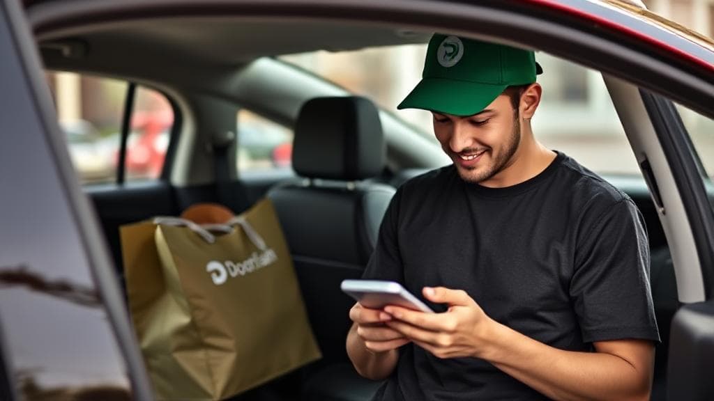 A DoorDash delivery driver checking their earnings on a smartphone while standing next to a car with a delivery bag in the passenger seat.