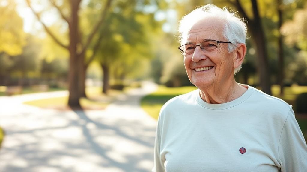 A serene image of an elderly person with a visible pacemaker scar, smiling and enjoying a peaceful walk in a sunlit park.