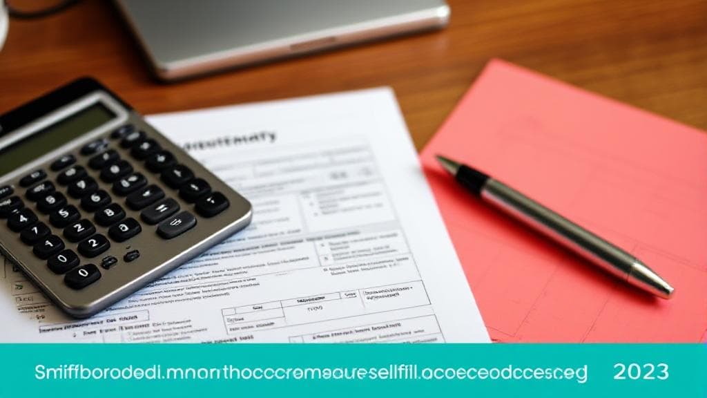 A calculator, tax forms, and a pen on a wooden desk, symbolizing the essentials for understanding minimum income tax filing requirements in 2023.
