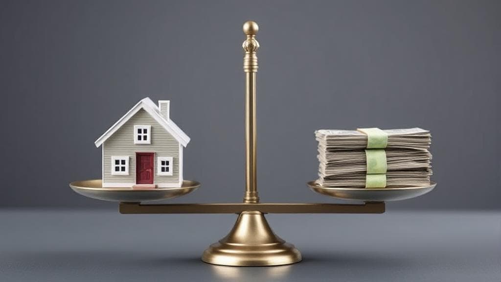 A balanced scale with a house on one side and a stack of cash on the other, symbolizing the pros and cons of a Home Equity Line of Credit (HELOC).