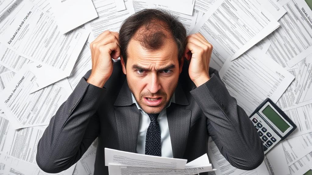 A stressed individual surrounded by tax documents and a calculator, symbolizing the confusion and frustration of owing money on taxes.