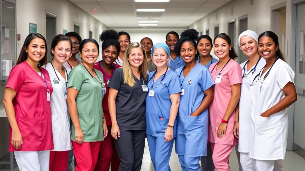 A diverse group of nurses in various uniforms standing together, smiling, with a hospital setting in the background.
