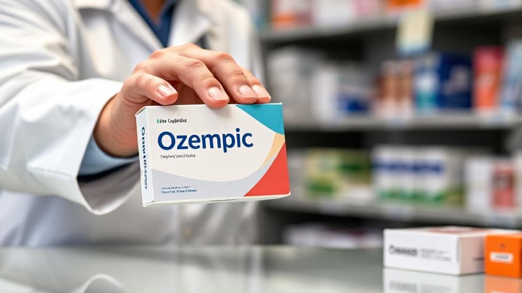 A close-up image of a pharmacist handing a box of Ozempic over a pharmacy counter.