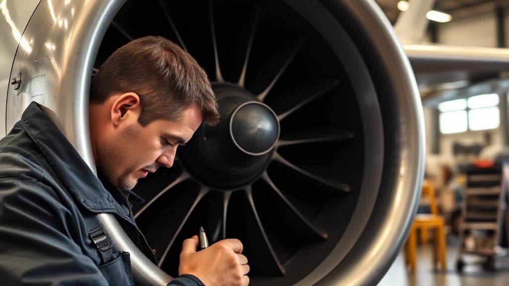 A close-up shot of an aircraft mechanic working on a jet engine, with tools and aircraft components visible in the background.