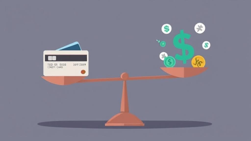 A balanced scale with credit cards on one side and financial symbols on the other, illustrating the pros and cons of acquiring a second credit card.