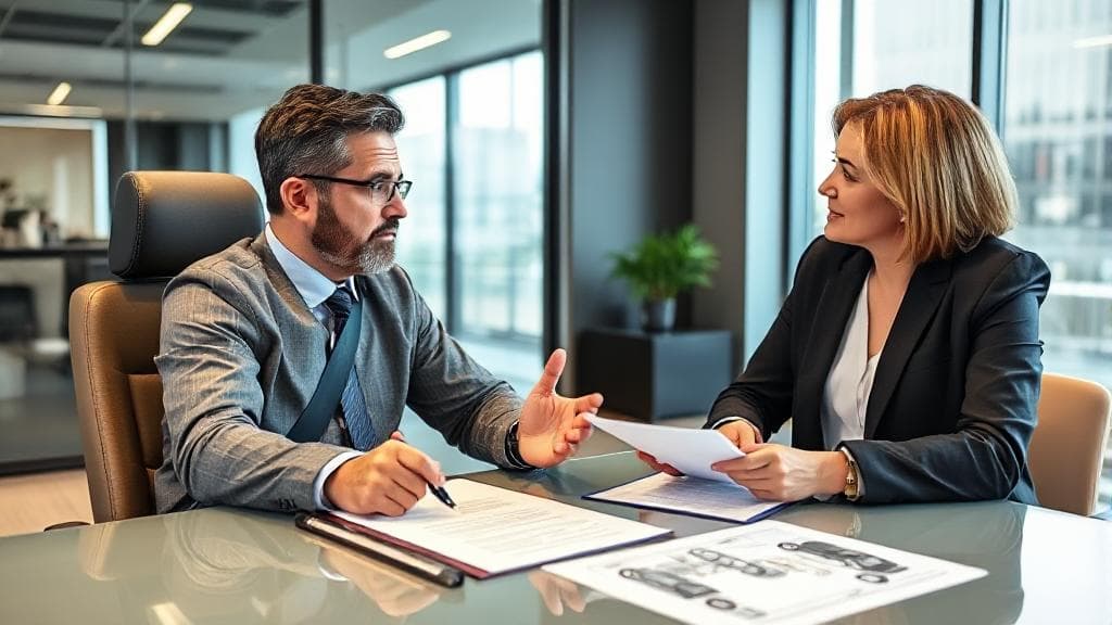 A concerned driver consults with an attorney in a modern office setting, with legal documents and a car accident diagram visible on the table.