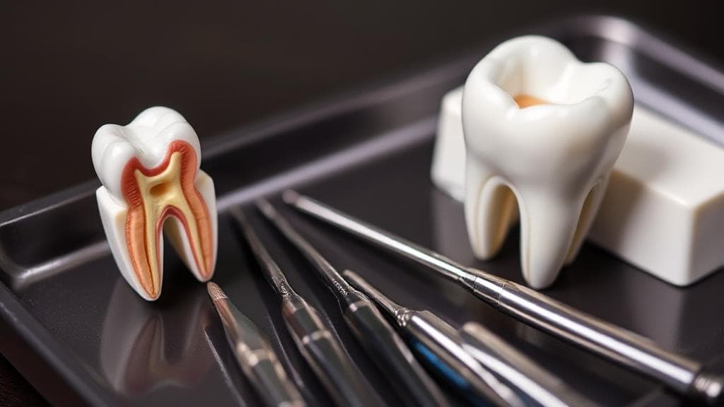 A close-up image of dental tools arranged neatly on a tray beside a model of a tooth, illustrating the precision and care involved in a root canal procedure.
