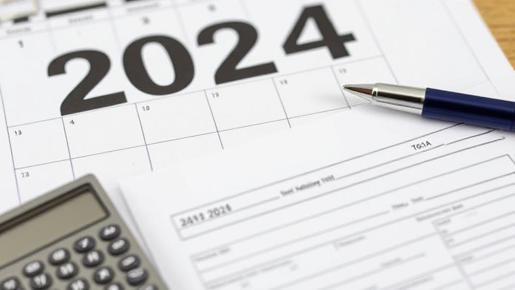 A calendar page displaying the year 2024 with a tax form and calculator in the foreground.
