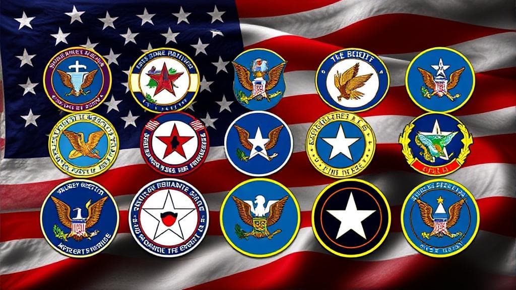 A dynamic collage showcasing the emblems of the 12 U.S. military branches against a backdrop of the American flag.