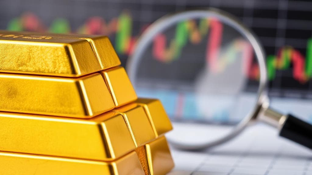 A close-up image of gold bars stacked neatly, with a magnifying glass and a financial chart in the background, symbolizing careful investment and analysis.