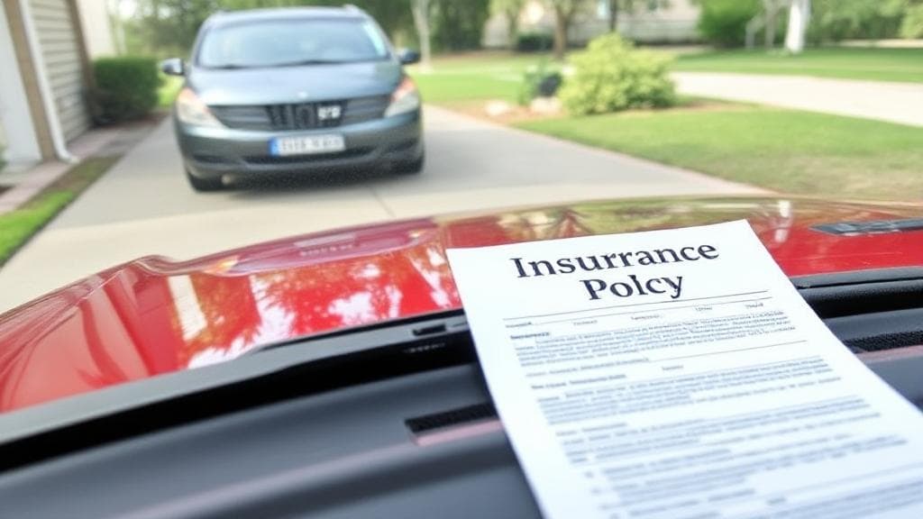 A car parked in a driveway with a document labeled "Insurance Policy" visible on the dashboard.