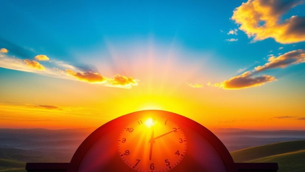 A vibrant sunrise over a clock face, symbolizing the ideal timing for taking Ozempic.