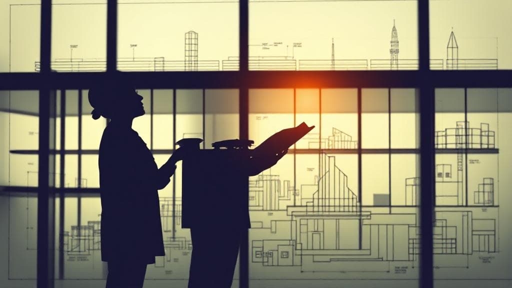 A sleek architectural blueprint overlaid with a silhouette of a thoughtful architect holding a scale model.