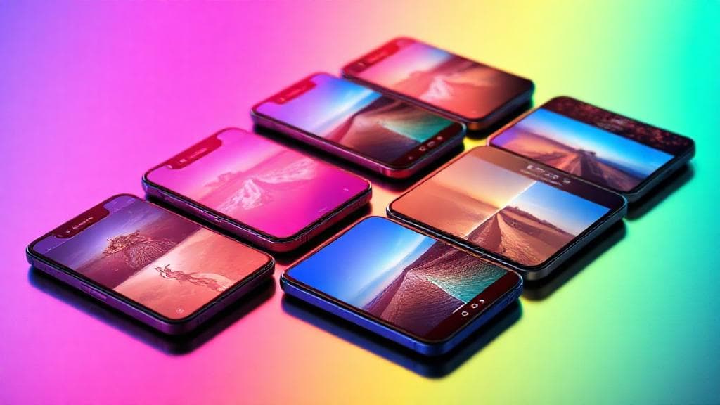 A vibrant lineup of the latest smartphones arranged on a sleek surface, each displaying stunning sample photos on their screens, with a camera lens and soft lighting highlighting their advanced photography features.