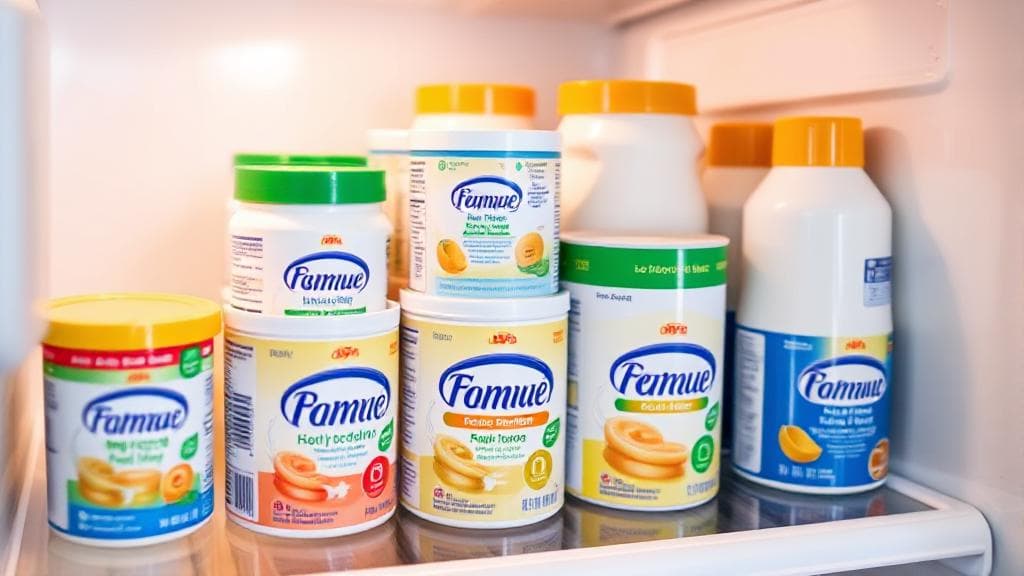 A close-up image of a refrigerator shelf stocked with various baby formula containers, highlighting freshness and storage.