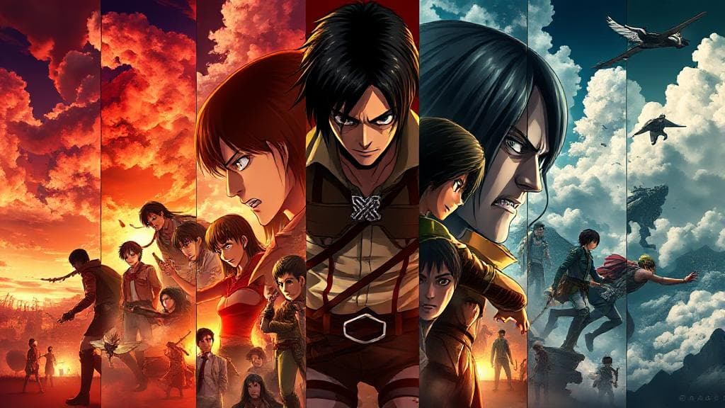 A dynamic collage of key characters and iconic scenes from each season of "Attack on Titan," capturing the evolution and intensity of the series.