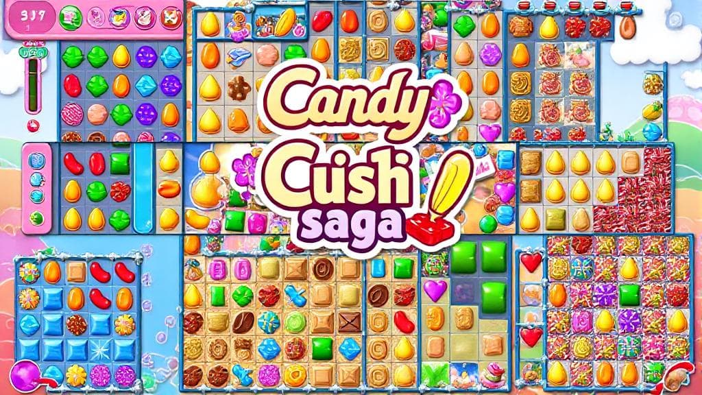 A vibrant and colorful collage of various Candy Crush Saga levels, featuring iconic candies and obstacles, set against a backdrop of the game's whimsical world.