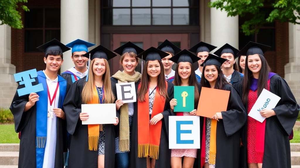 A diverse group of students in graduation attire, each holding a different field-related symbol, standing in front of a university building.