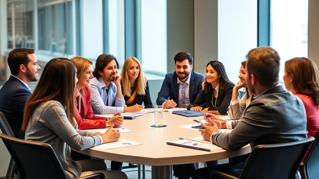 A diverse group of professionals engaged in a lively discussion around a conference table, symbolizing the collaborative and dynamic nature of an MBA program.