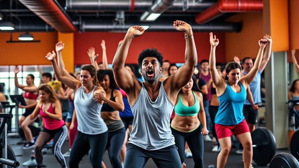 A vibrant gym scene showcasing diverse individuals engaging in various workouts, highlighting the energetic and inclusive atmosphere of fitness.