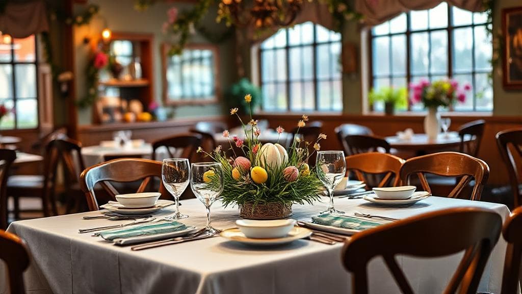 A vibrant image of a beautifully set dining table in a cozy restaurant, adorned with spring-themed decorations and a festive Easter centerpiece.