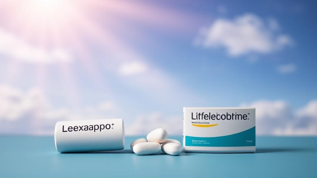 A balanced composition featuring Lexapro and Wellbutrin pills alongside a serene, uplifting background symbolizing hope and improved mental health.