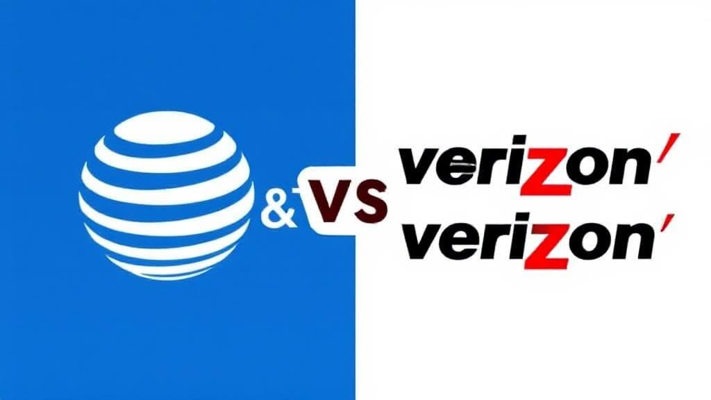A split-screen image featuring the AT&T and Verizon logos with contrasting backgrounds, symbolizing the comparison of their mobile services.
